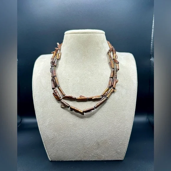 Vintage Freshwater Pearl Biwa Stick Brown Iridescent Necklace - Women Jewelry - Picture 2 of 8